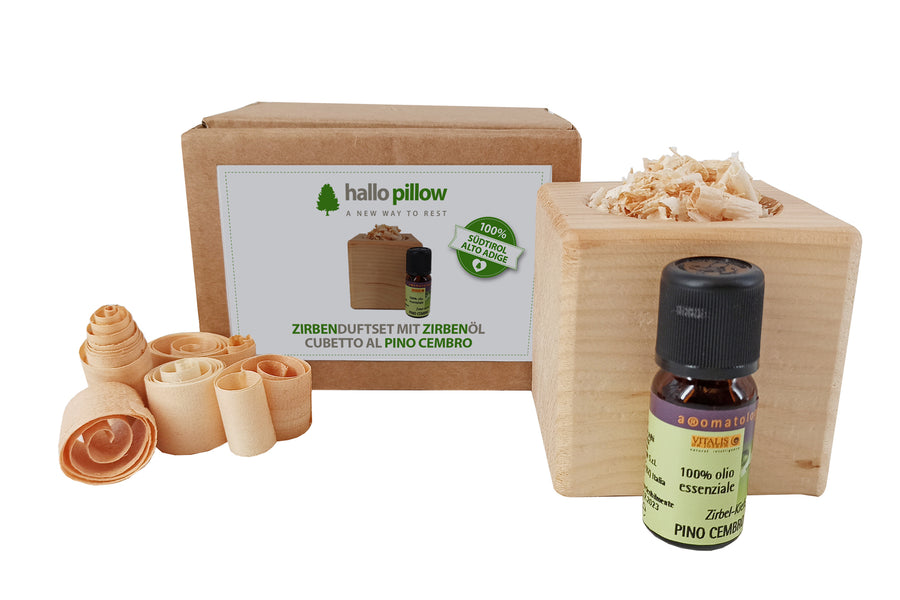 Hallo Pillow - Cubetto originale di pino cembro con 10gr di refill + Olio essenziale di pino cembro
